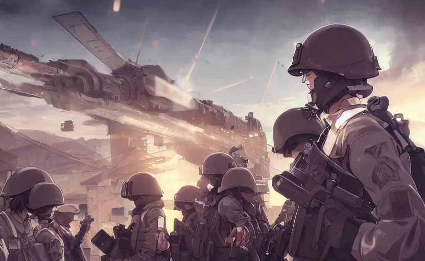 Image similar to anime style, modern warfare, panoramic view, searchlights in background, soldier clothing, hair down, real faces, symmetrical facial features, from arknights, hyper realistic, wallpaper, detailed drawing, trending pixiv, safebooru, volumetric lights, realistic lighting, by alphonse mucha, greg rutkowski, sharp focus, backlit, mechanized transport