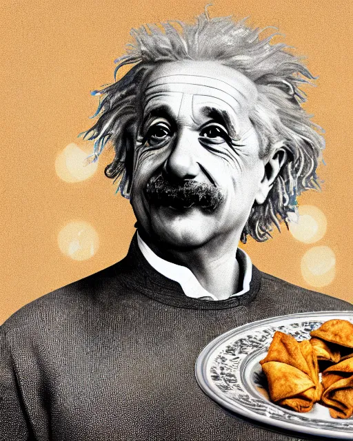 Prompt: a portrait of albert einstein sitting at the dining table with a plate containing samosas in front of him, highly detailed, trending on artstation, bokeh, 9 0 mm, f / 1. 4