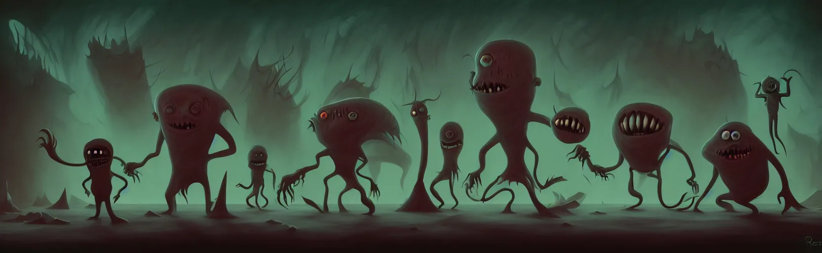 Prompt: uncanny monsters from the depths of a vast wasteland in the collective unconscious, dramatic lighting with shallow dof, surreal dark fleischer cartoon characters, surreal painting by ronny khalil