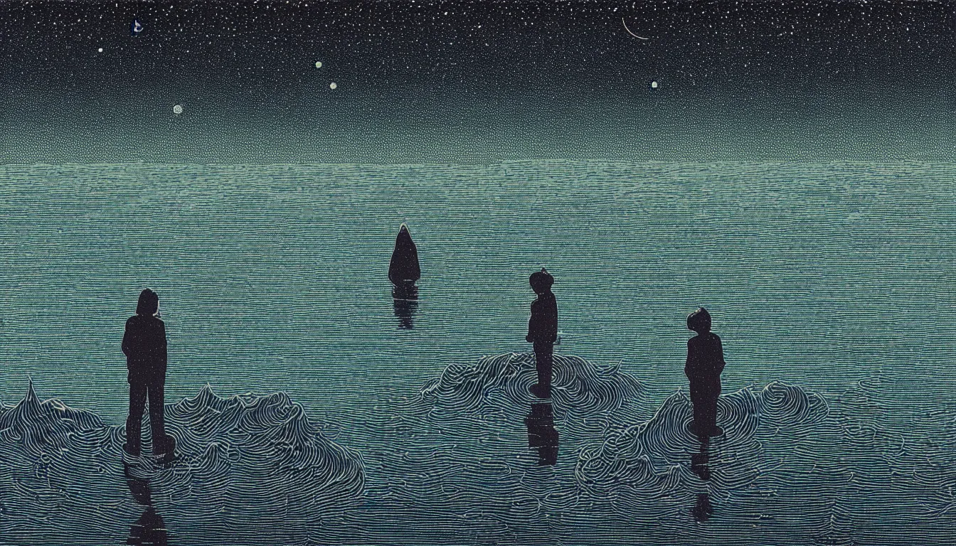 Image similar to standing in a lake looking at reflection of the night sky by woodblock print, nicolas delort, moebius, victo ngai, josan gonzalez, kilian eng