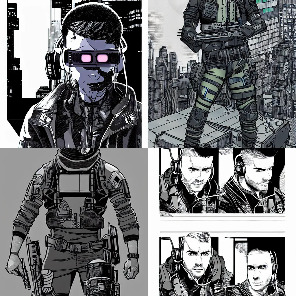 Prompt: male cyberpunk wearing a cyberpunk headset and tactical gear in style of travis charest and laurie greasley, very detailed, line art