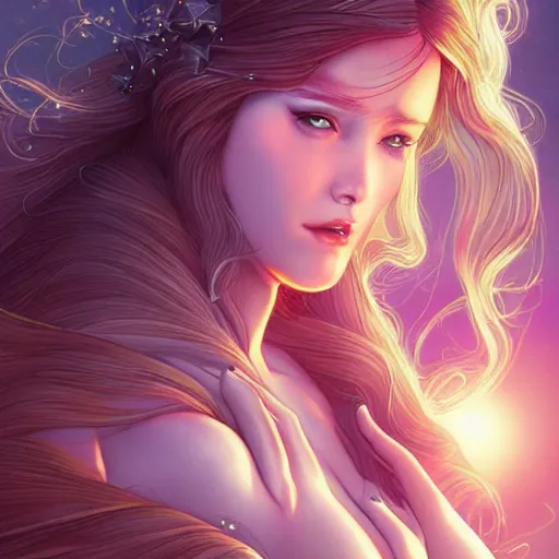 Image similar to princess of light, style of moebius, artgerm, james jean, long glowing ethereal hair, cinematic, highly detailed, award winning