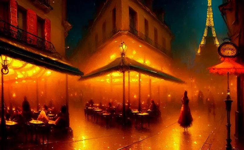 Image similar to parisian restaurant at night, by Greg Rutkowski and Gaston Bussiere, beautiful volumetric-lighting-style atmosphere, futuristic atmosphere, intricate, detailed, photorealistic imagery, artstation, by Evgeny Lushpin