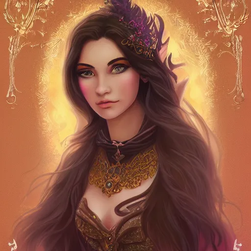 Prompt: A beautiful detailed portrait of a young beautiful female fantasy sorceress with fair skin and long dark brown hair dressed in ornate magical clothing by Kirbi Fagan, trending on artstation