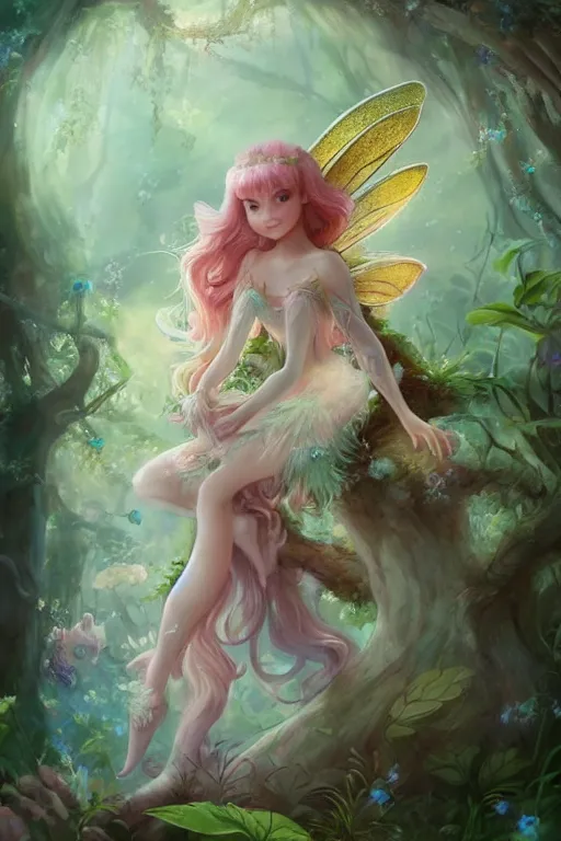 Image similar to a cute and geogerous fairy in the dreamy forest, fantasy, dreamlike, 8 k resolution, hyper detailed, d & d, character design, digital painting, trending on artstation, sharp focus, illustration, art by viktoria gavrilenko, hoang lap, fuji choko, steve zheng,