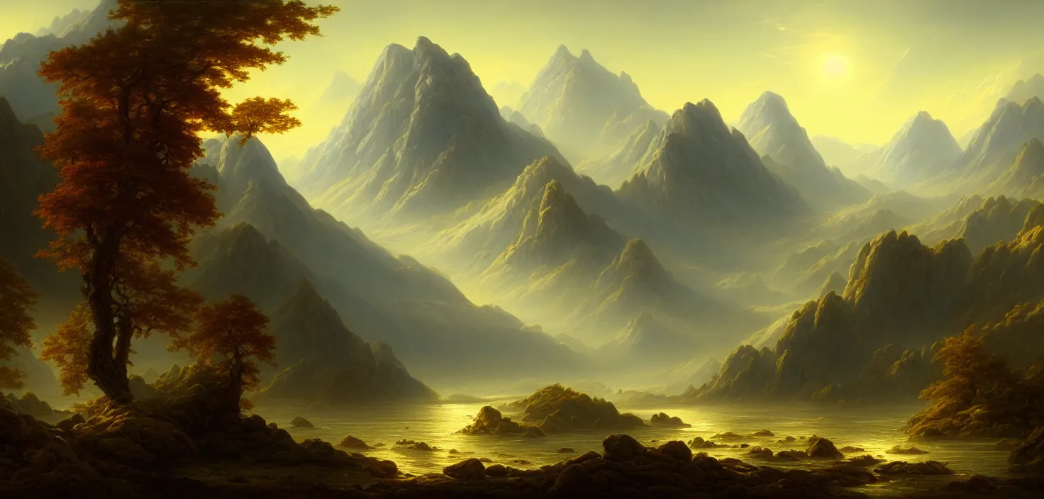 Image similar to a painting of a landscape with mountains and trees, a matte painting by william didier - pouget, cgsociety, fantasy art, matte painting, apocalypse landscape, concept art