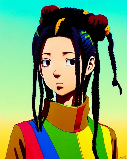 Image similar to portrait Anime 1984 Rasta Girl wearing-rasta-clothes Soft fine face pretty face, realistic shaded Perfect face, fine details. Anime. background: Los-Angeles San-Francisco; hyperrealistic by Ilya Kuvshinov katsuhiro otomo ghost-in-the-shell, magali villeneuve, artgerm, rutkowski Jeremy Lipkin and Giuseppe Dangelico Pino and Michael Garmash and Rob Rey