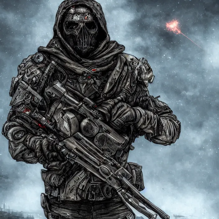 Image similar to gritty hooded apocalyptic man shouldering laser - rifle surrounded by destroyed machine, hyper - detailed, smooth, sharp focus, 4 k ultra hd, fantasy dark art, apocalyptic art