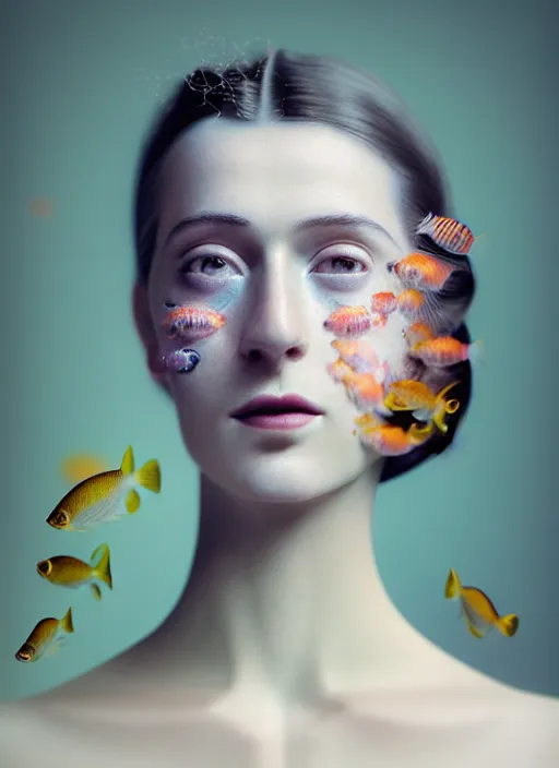 Image similar to Kodak Portra 400, 8K, soft light, volumetric lighting, highly detailed, fine art portrait photography in style of Flora Borsi, britt marling style 3/4 face morphing with soft colors tropical fishes, metamorphosis complex 3d render , 150 mm lens, soft blur background, bust with intricate details, elegant, hyper realistic, ultra detailed, octane render, etheric, outworldly colours, emotionally evoking, head in focus, fantasy, ornamental, intricate, elegant, 8K, soft light, volumetric underwater lighting, highly detailed, Refined, Highly Detailed, soft lighting colors scheme, fine art photography, Hyper realistic, photo realistic