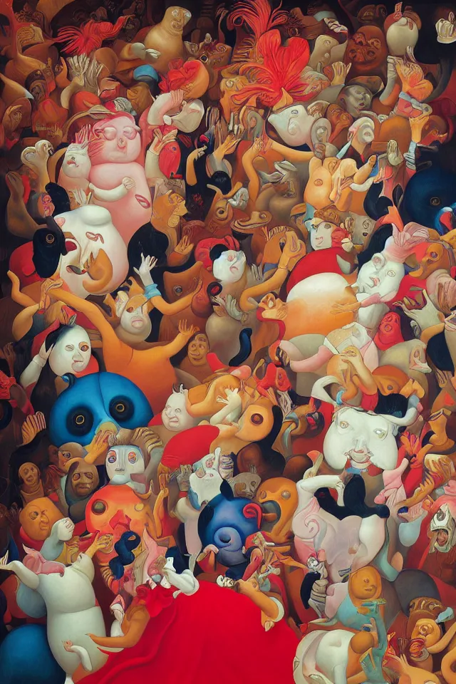 Image similar to painting animal puppet head banging groove is in the heart, we're going to dance and have some fun, painted by james jean and fernando botero