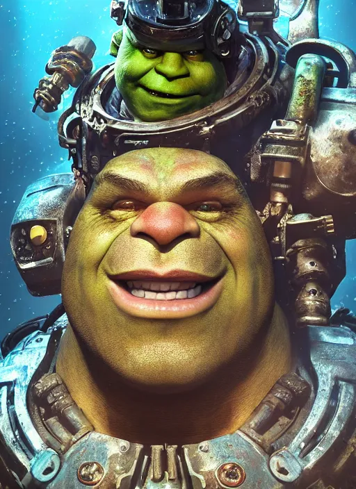 Image similar to underwater portrait of shrek as the space marine, apocalypse, naturel, hyper detailed, digital art, trending in artstation, cinematic lighting, studio quality, smooth render, unreal engine 5 rendered, octane rendered, art style by klimt and nixeu and ian sprigger and wlop and krenz cushart.