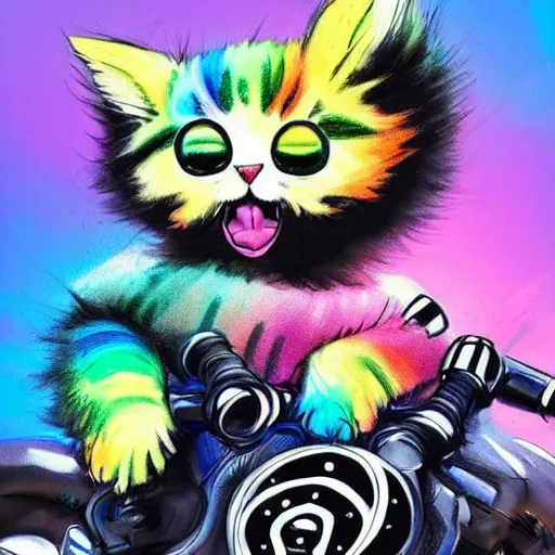 Image similar to wide angle full body, jacket wearing fluffy cute rainbow kitten wearing a black leather motorcycle jacket, riding on a motorcycle, cinematic concept art