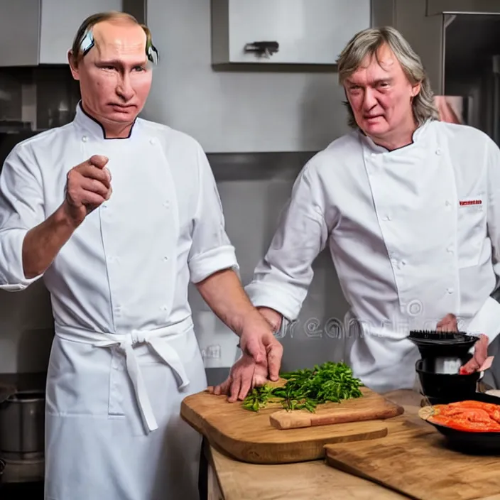 Image similar to vladimir putin and james may in white apron in kitchen cooking dinner. stock photo, high key lighting, photograph