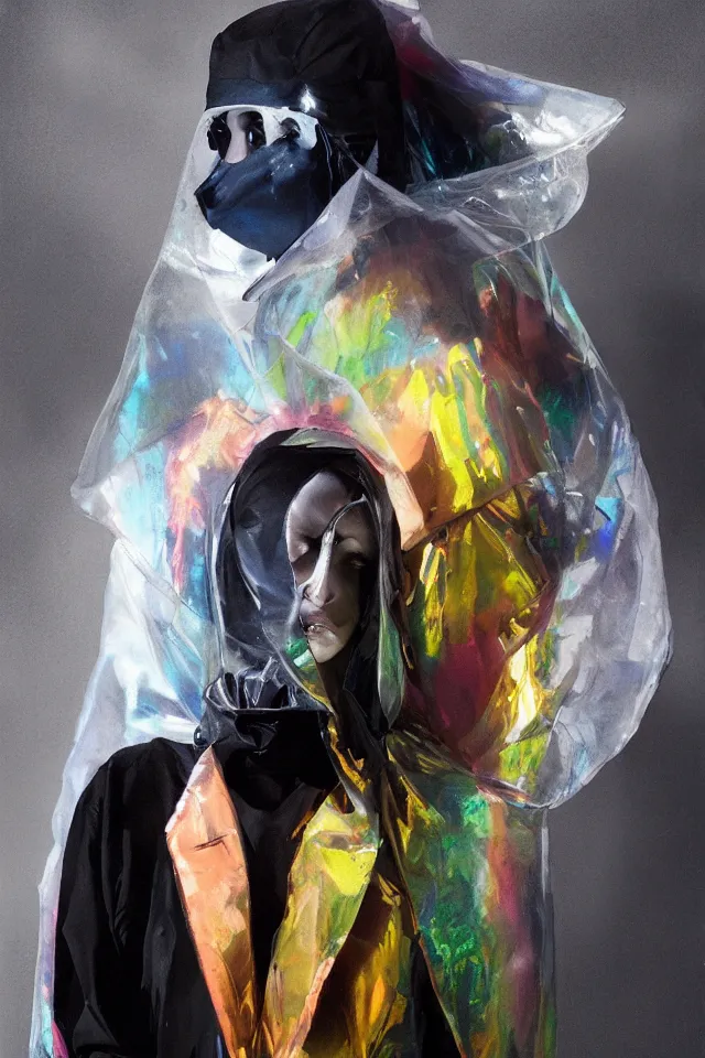 Image similar to digital fashion, androgynous person face covered, tactical poncho latex rags, techwear, iridiscent light, high key, cinematic lighting at night, neon, phil hale, boris vallejo, alberto mielgo, patrick o'keeffe