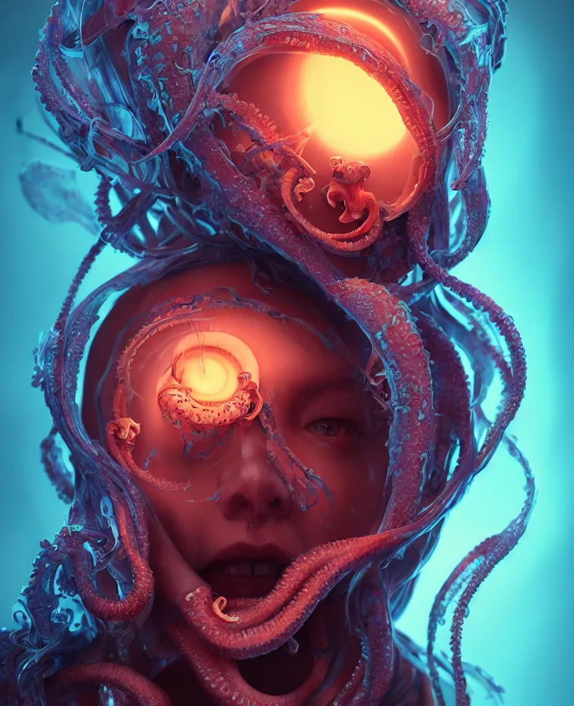 Image similar to hooded goddess close - up portrait hooded human skull, ram skull, squid phoenix jellyfish, orchid, betta fish, bioluminiscent, intricate artwork by tooth wu and wlop and beeple. octane render, trending on artstation, greg rutkowski very coherent symmetrical artwork. cinematic, hyper realism, high detail, octane render, 8 k