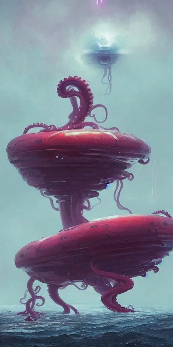 Image similar to octopus shaped spaceship with long tendrils crashing into the sea, sci - fi concept art, by john harris, by simon stalenhag, stunning, award winning