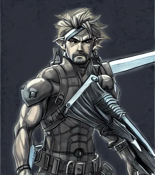 Prompt: detailed portrait rayden dante solid snake link from the legend of zelda by eisuke ogura and bengus, detailed face, holding a sword in one hand and a shield at the other, trending artstation, detailed eyes, highly - detailed, trending cgsociety, unreal engine 5, octane render pencile and ink, city in the background, dark colors, intricate details