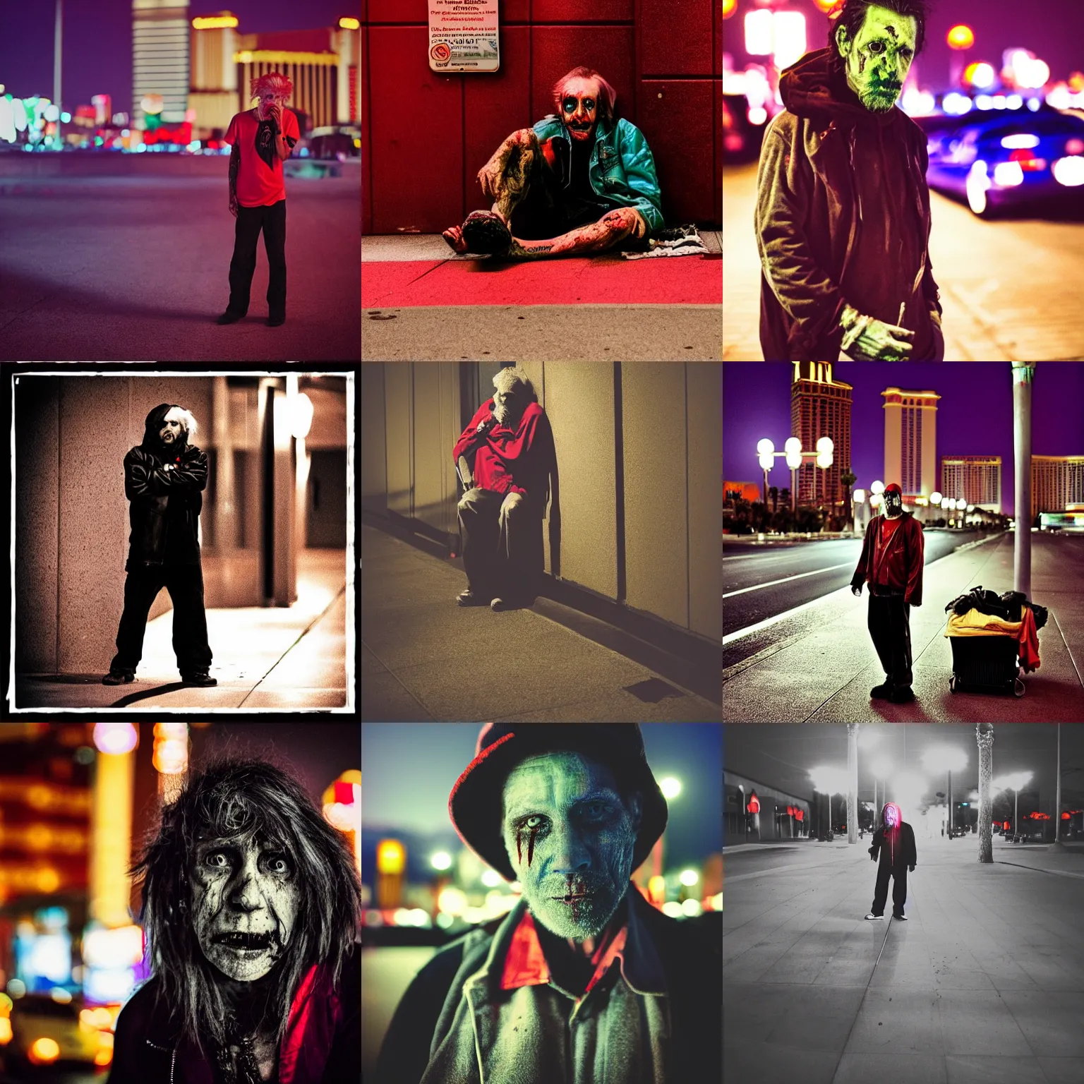Prompt: color portrait of homeless vampire in Las Vegas at night, blood, 35mm f1.8, behance, trending on instagram