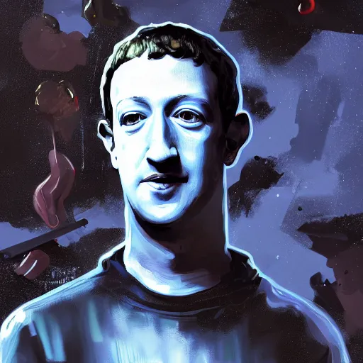 Prompt: highly detailed portrait of zany wack Mark Zuckerberg with a BBQ alron and tongs, by Dustin Nguyen, Akihiko Yoshida, Greg Tocchini, Greg Rutkowski, Cliff Chiang, 4k resolution, ibiza nightclub dancing inspired, nier:automata inspired, rave inspired, vibrant but dreary blue, diamond black and white color scheme!!! ((Space nebula nightlife background))