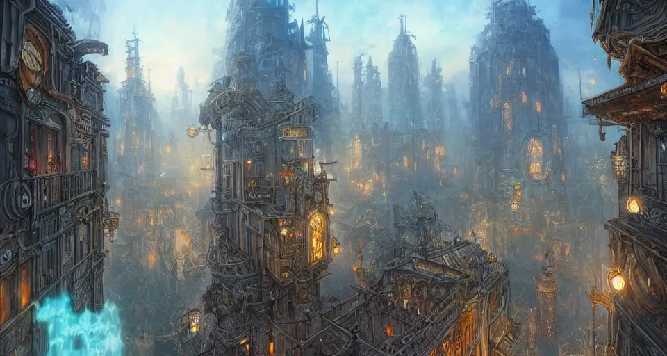 Image similar to landscape painting of fantasy metal steampunk city that has a light blue glow with walkways and lit windows and you can very clearly see a fine detailed hooded thieves in browns leathers climbing one of the tall buildings using a rope, fine details, magali villeneuve, artgerm, rutkowski