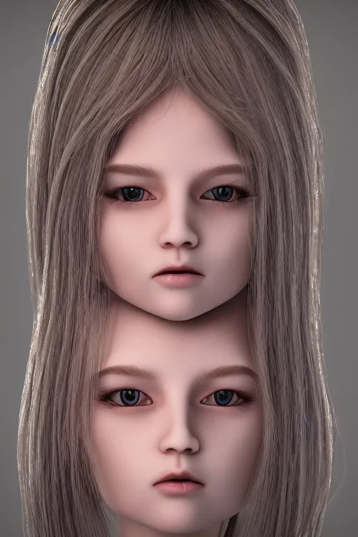 Image similar to beautiful ball jointed doll head, long shiny hair, intricate detailed, sharp focus, octane render, high quality, Symmetrical face composition, 8k, volumetric lighting, on black background