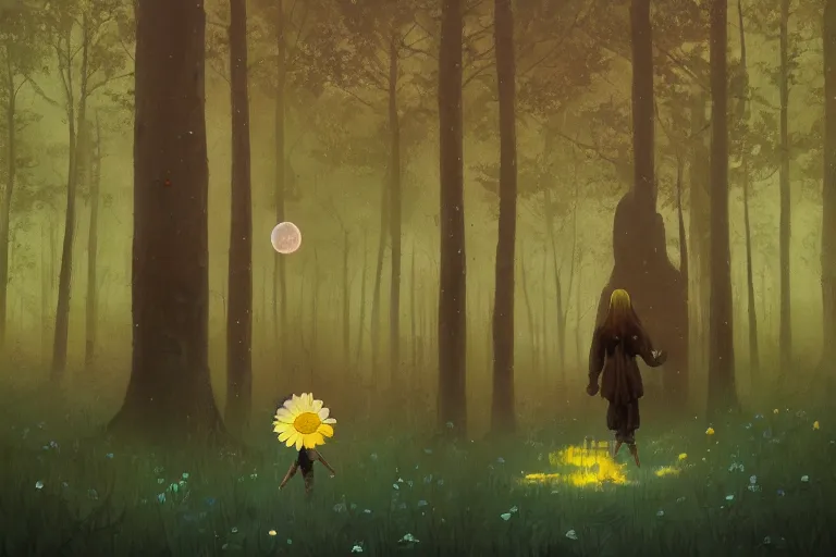 Image similar to giant daisy flower as face, girl walking in forest, surreal photography, dark night, stars, moon light, impressionist painting, clouds, digital painting, artstation, simon stalenhag