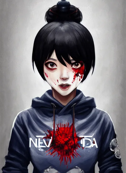 Prompt: a highly detailed illustration of black short hair cute japanese girl wearing blood stained navy hoodie with the word nevada on it, dramatic smile pose, intricate, elegant, highly detailed, centered, digital painting, artstation, concept art, smooth, sharp focus, league of legends concept art, WLOP