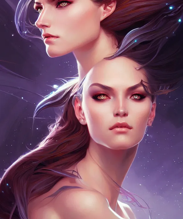 Image similar to futuristic woman portrait, sci-fi, amber eyes, face, long hair, fantasy, intricate, elegant, highly detailed, digital painting, artstation, concept art, smooth, sharp focus, illustration, art by artgerm and greg rutkowski and alphonse mucha