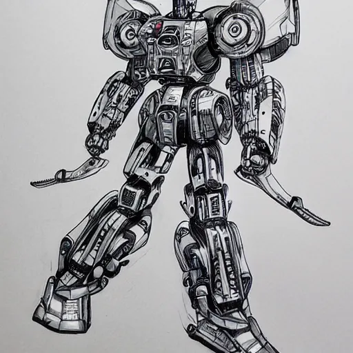 Prompt: an intricate ballpoint drawing of a giant anime robot