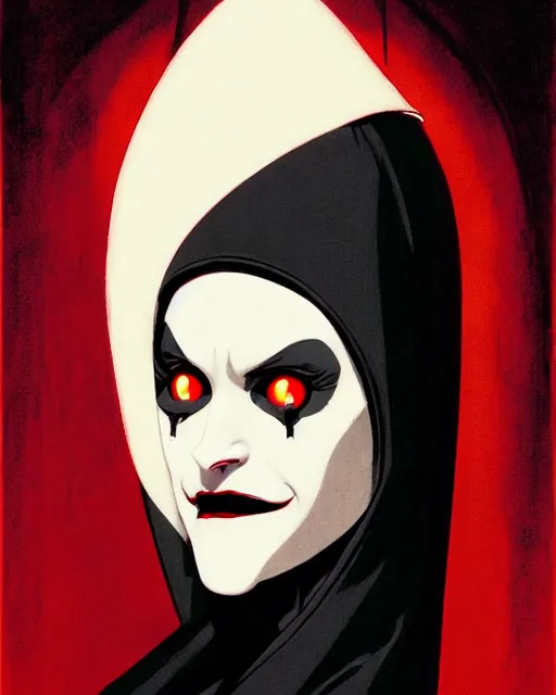 Image similar to scary female vampire nun, symmetrical face, evil grin, nun outfit, portrait size, cinematic, dramatic, super detailed and intricate, by koson ohara, by darwyn cooke, by greg rutkowski, by satoshi kon