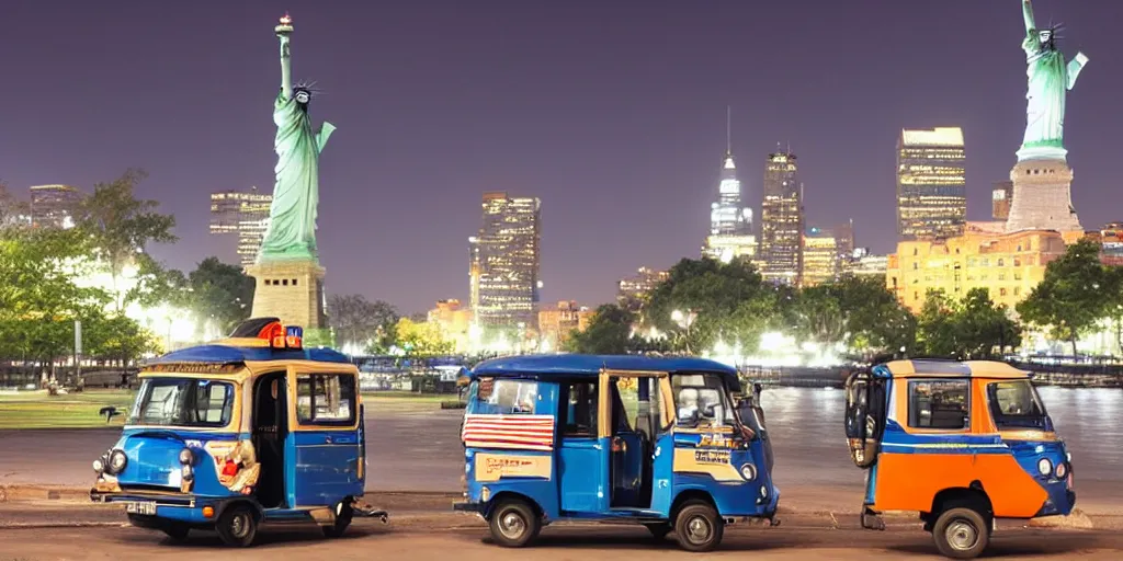 Prompt: a blue tuk tuk with the statue of liberty in the background, night