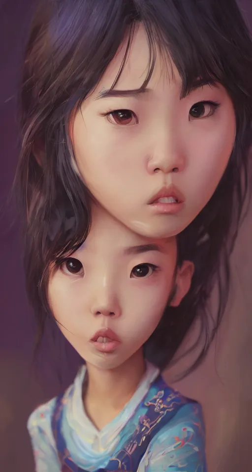 Image similar to a painting of cute Asian girl frowning, in the style of DreamWorks animation, low angle view, 16mm lens, award winning, mid-shot, hyper detailed, dramatic lighting, artstation, octane renderer, unreal engine