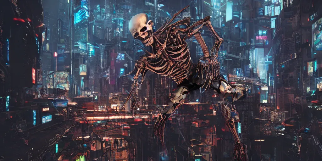 Prompt: Cyberpunk Skeleton, realistic 4k octane beautifully detailed render, 4k post-processing, highly detailed, intricate complexity, epic composition, magical atmosphere, cinematic lighting, masterpiece, ultra hd