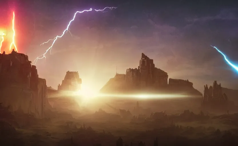 Prompt: still image screenshot floating jedi castle in the sky planet under attack, lightning, badass action scene with laser explosions and sparks, from the tv show mandalorian on disney +, scene in front of a strange building, moody cloudy volumetric lightm imperial invading beautiful colorful cloud planet, backlit sunset, anamorphic lens, 3 5 mm film kodak