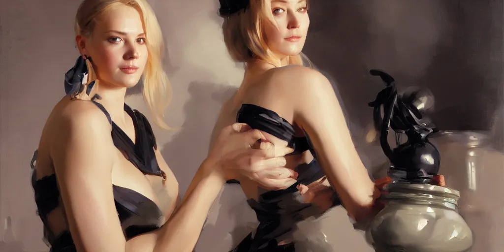 Prompt: portrait of beautiful gorgeous captivating finnish norwegian swedish glamour model wearing in dress on shoulders with black jars in hands, jodhpurs greg manchess painting by sargent and leyendecker, studio ghibli, close - up shot rim light asymmetrical illustration hearthstone, by greg rutkowski by greg tocchini by craig mullins