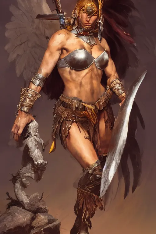 Image similar to full character portrait of a beautiful female warrior by frank frazetta, Ann Bachelier, trending on artstation, Mystical Valkyrie, realistic, clear refined, beautifully detailed, digital art, Unreal Engine, 8k, HD