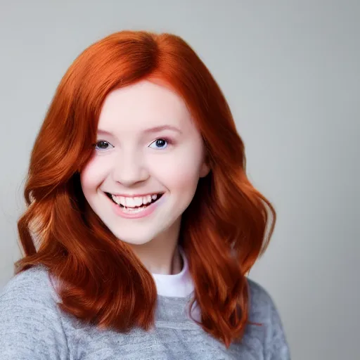 Prompt: school picture day photo of Young woman with auburn hair looking into the camera and smiling slightly, ultrarealistic, 8k