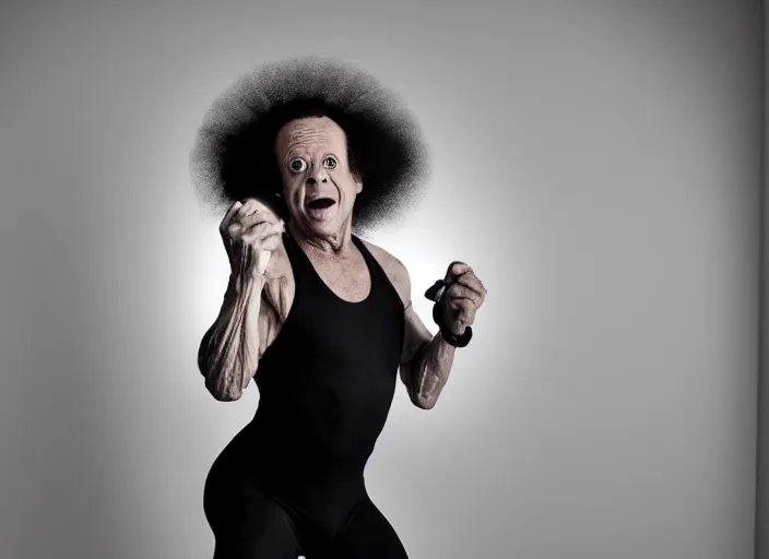 Prompt: a scene from a 2 0 2 2 s black phone, richard simmons is in spandex ringing a doorbell, grindhouse, folk horror, hauntology, 8 k, 8 5 mm f 1. 8, studio lighting, rim light, right side key light