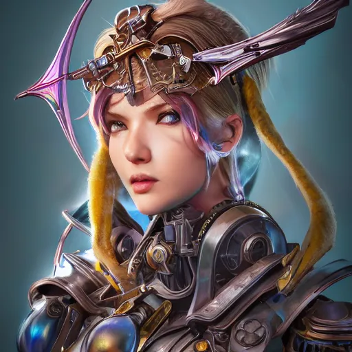 Image similar to studio portrait of lawful good colorful female holy mecha paladin absurdly beautiful, elegant, young sensual graceful woman, ultrafine hyperrealistic detailed face illustration by kim jung gi, irakli nadar, intricate linework, sharp focus, bright colors, matte, octopath traveler, final fantasy, unreal engine highly rendered, global illumination, radiant light, intricate environment