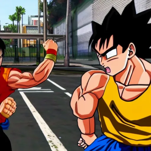Prompt: a fight between Goku and Bruce Lee in GTA V