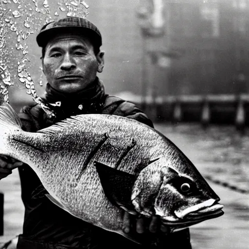 Prompt: closeup portrait of a fisherman holding a big fish in a rainy new york street, photography, time magazine