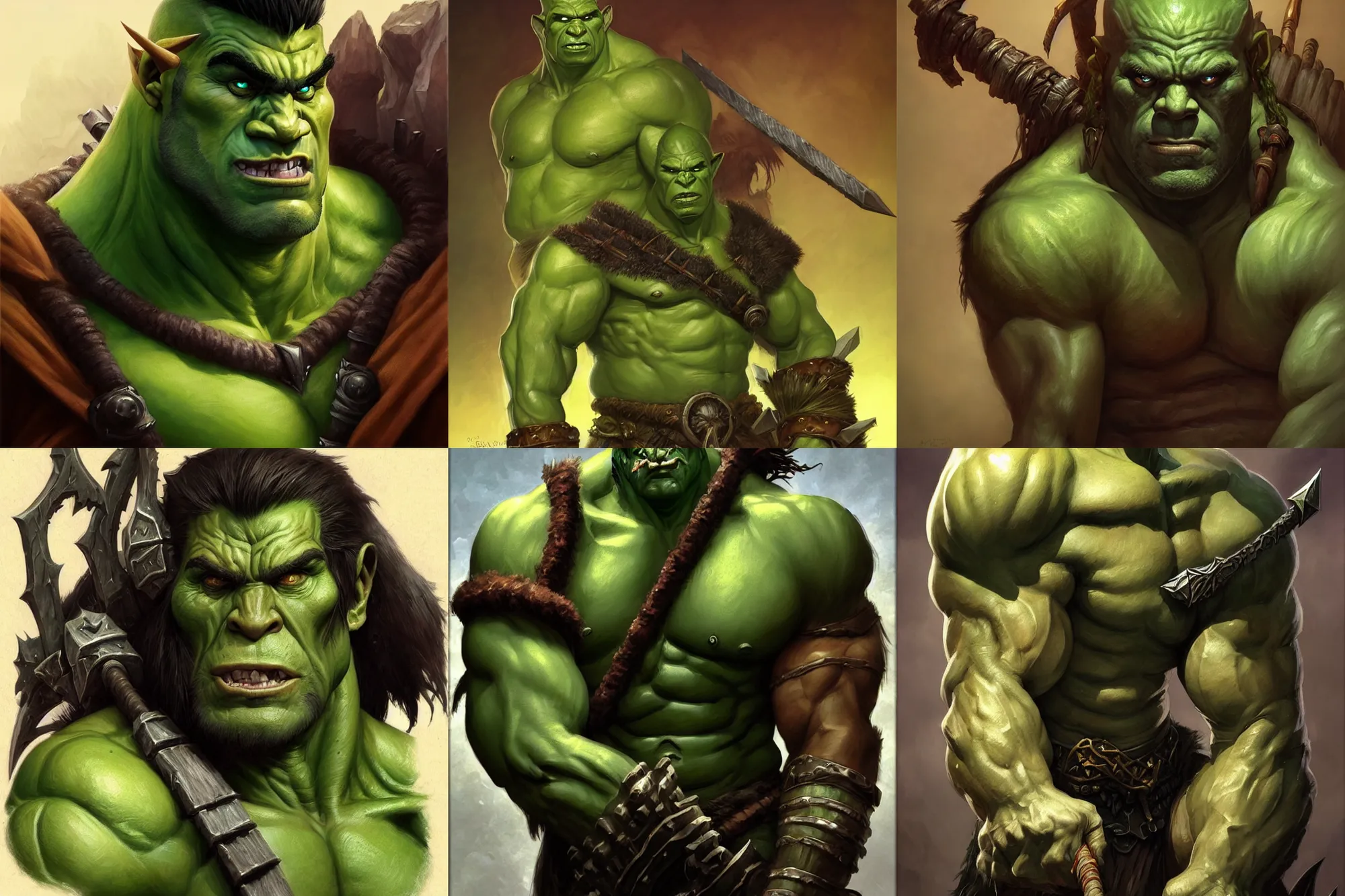 Prompt: “portrait of a tall muscular male half-orc with green skin who is a mage-barbarian with magical arcane powers, painted fantasy character portrait, D&D, highly detailed, digital painting, artstation, concept art, sharp focus, smooth, illustration, art by artgerm and greg rutkowski and alphonse mucha and craig mullins and James Jean and Andrei Riabovitchev and Marc Simonetti and peter mohrbacher”