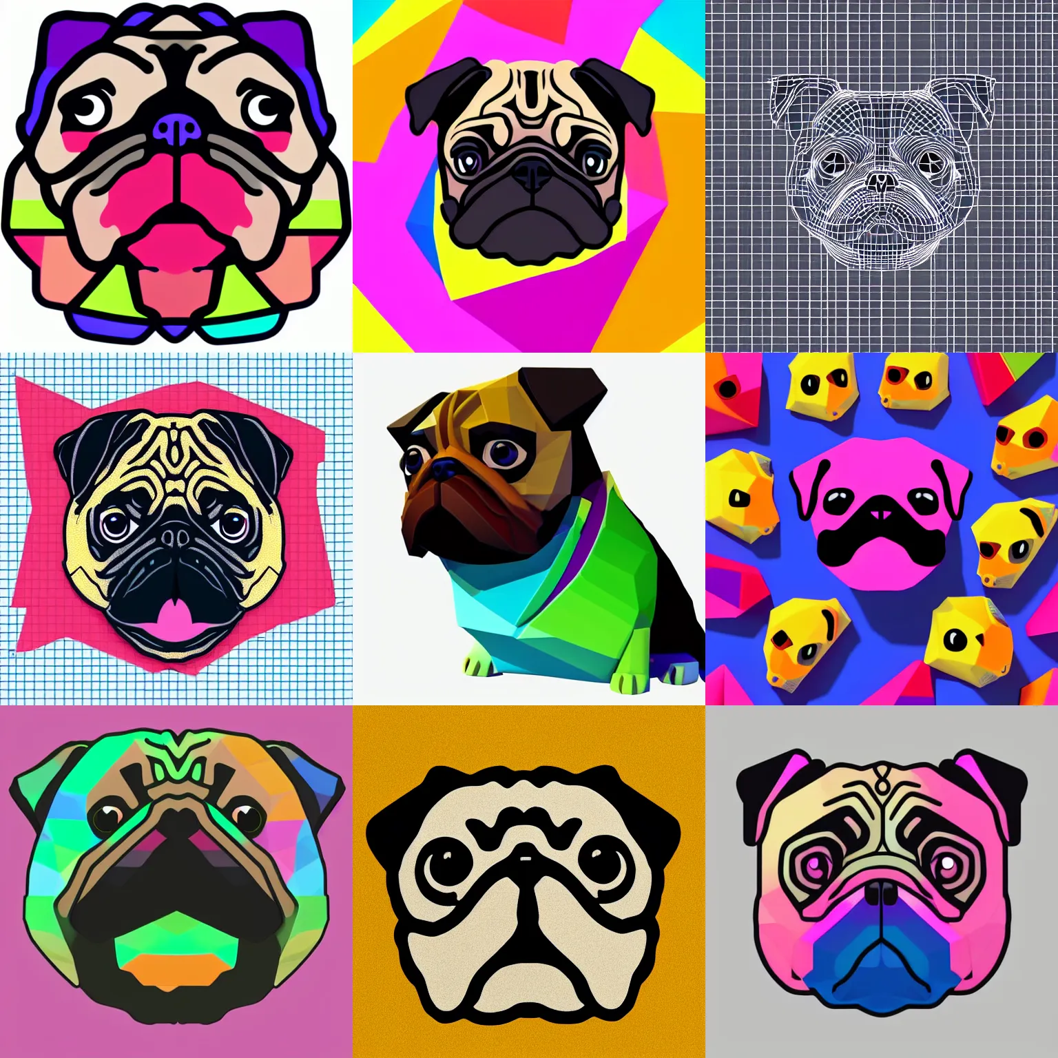 Prompt: A brightly colored detailed icon of a pug head emoji, 3D low poly render, isometric perspective on white background