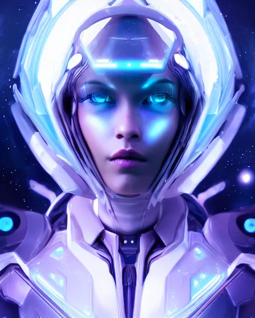 Image similar to perfect android girl on a mothership, warframe armor, beautiful face, scifi, futuristic, galaxy, nebula, raytracing, dreamy, long white hair, blue cyborg eyes, sharp focus, cinematic lighting, highly detailed, artstation, divine, by gauthier leblanc, kazuya takahashi, huifeng huang