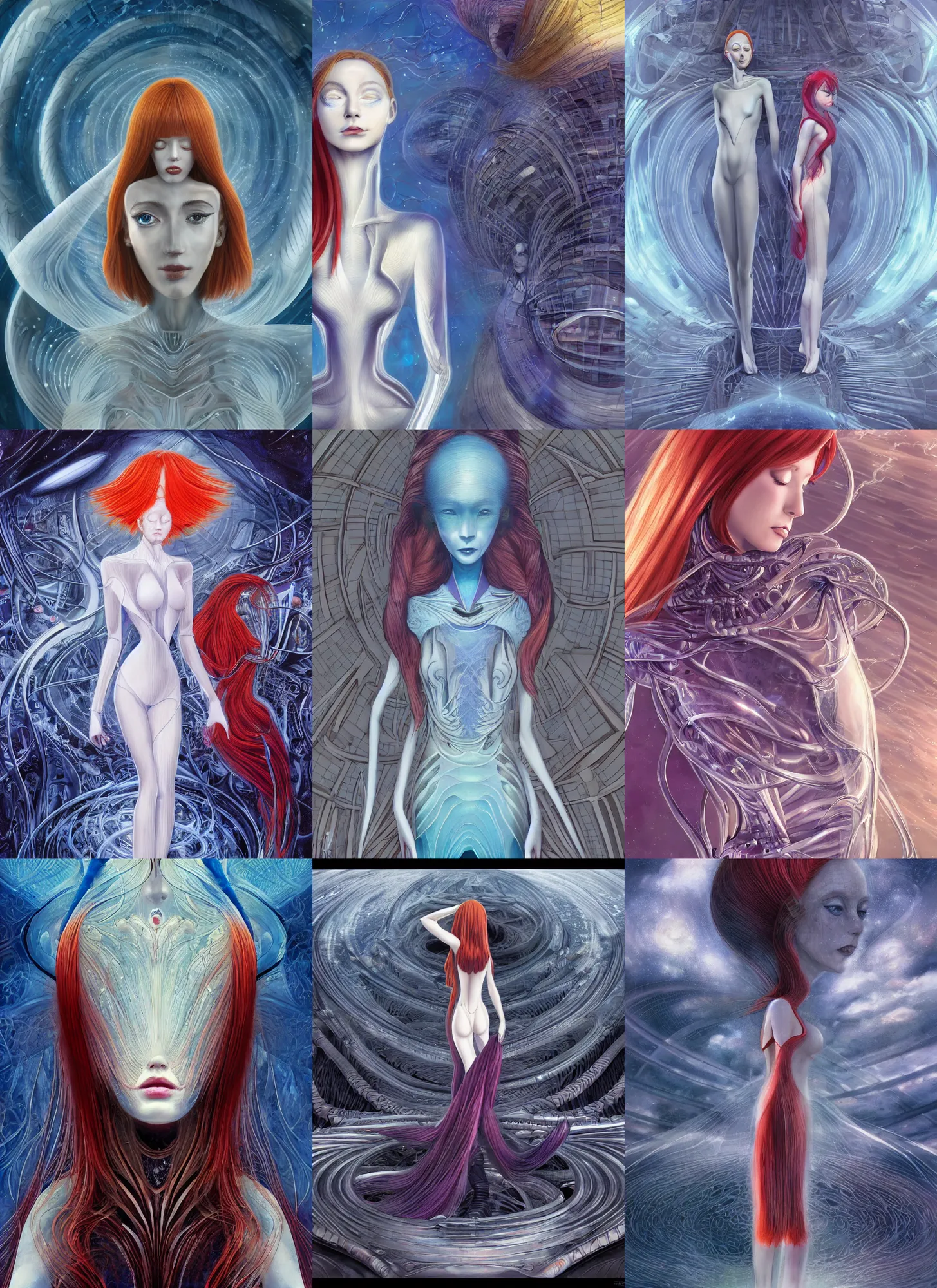 Image similar to a redhead woman in futuristic dress falls into a dream within a dream within a dream within a dream within a dream, h. r. giger, alex grey, salvador dali, fractal, surreal art, semi realistic anime, studio ghibli, makoto shinkai, award winning illustration, masterpiece, trending on pixiv, 8 k