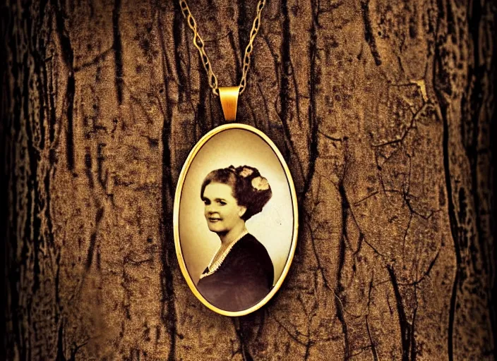 Prompt: old retro burnt out sepia photograph with scratches of a golden necklace with a hanging tiny slim open oval rusty golden locket pendant with a retro photo of an elegant and aesthetic woman royalty portrait. Hanging off a branch in the forest with trees visible in the background with bokeh. Antique. High quality 8k. Intricate. Sony a7r iv 35mm. Award winning