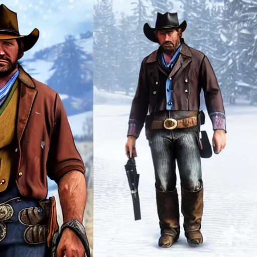 Image similar to arthur morgan from the game red dead redemption 2 holding a phone photo - realistic