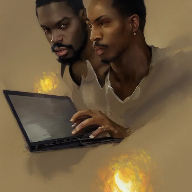 Prompt: a lightskinned black man with short hair, fantasy, using a macbook, elegant, intricate, digital painting, artstation, concept art, smooth, sharp focus, illustration, art by konstantin korovin and daniel f. gerhartz and john howe