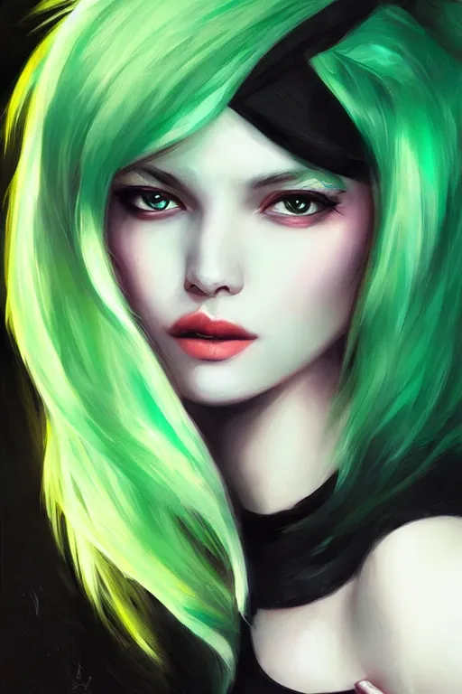 Image similar to woman with green hair wearing a black t - shirt with a cool design, by ross tran, oil on canvas