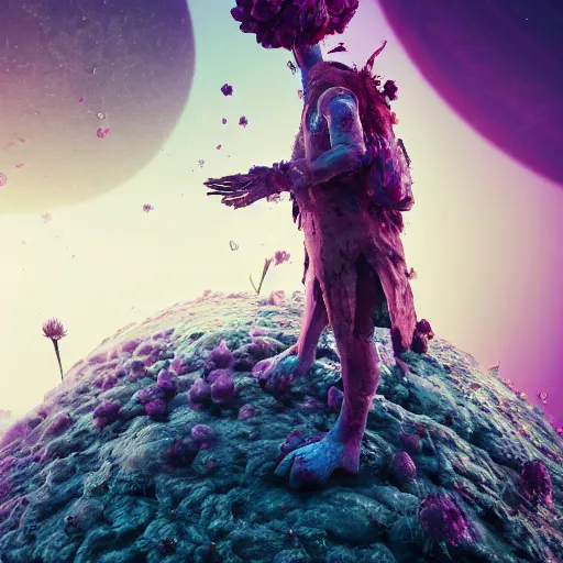 Prompt: corrupted sentinel picking up flower on infested planet art by mike winkelmann, power auras, sigils, tattered cloth robes, substance 3 d painter, pbr textures, physical based rendering, cinematic, hyper realism, high detail, octane render, unreal engine, 8 k, vibrant colors, smooth gradients, high contrast, depth of field, aperture